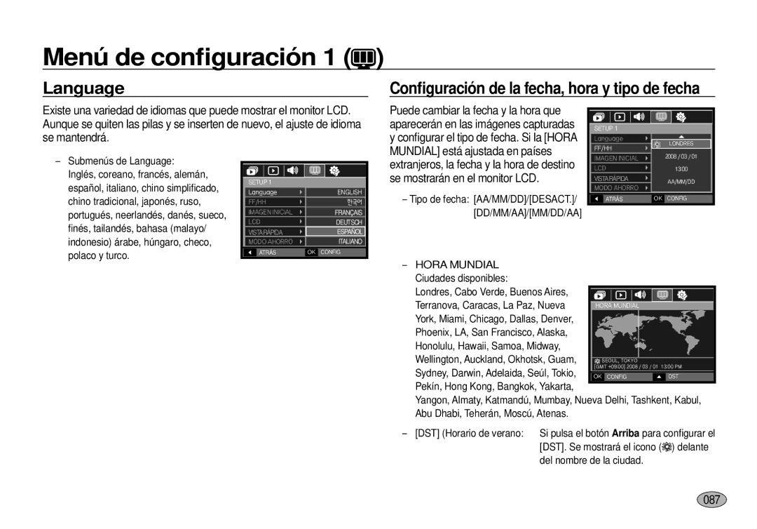 Samsung EC-I100ZBBA/E3, EC-I100ZGBA/E3, EC-I100ZSBA/E3, EC-I100ZRBA/E3, EC-I100ZSBA/E1 manual Language, 087, Hora Mundial 