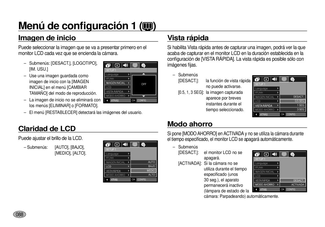 Samsung EC-I100ZSBA/E1, EC-I100ZGBA/E3, EC-I100ZSBA/E3 manual Imagen de inicio, Vista rápida, Claridad de LCD, Modo ahorro 