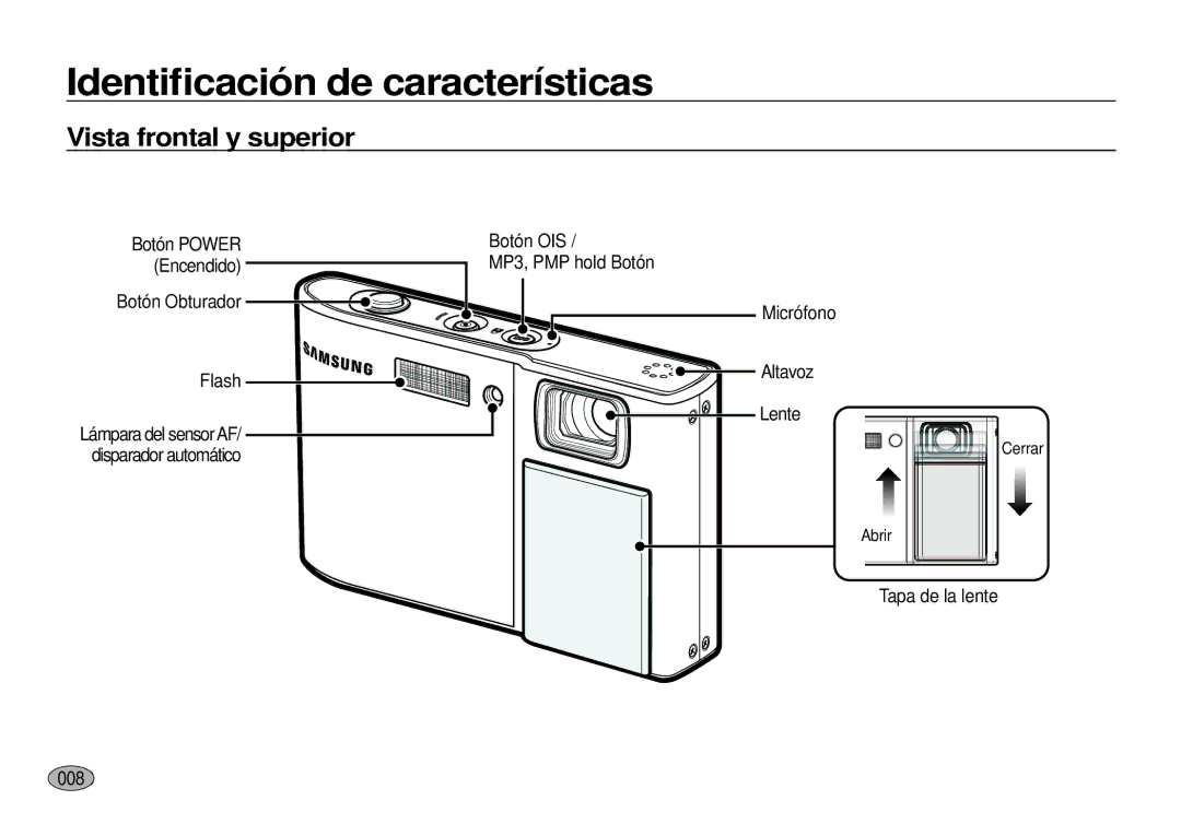 Samsung EC-I100ZSBA/E1 manual Identiﬁcación de características, Vista frontal y superior, Lente, Tapa de la lente, 0008 