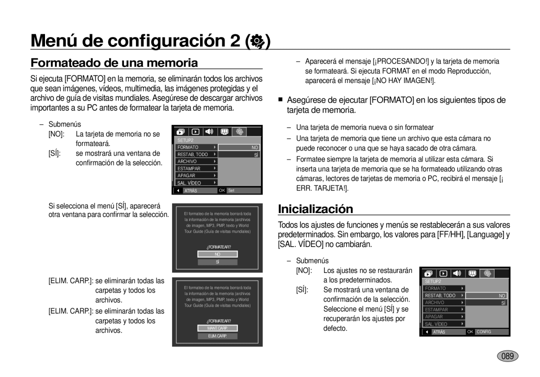 Samsung EC-I100ZGBA/E3, EC-I100ZSBA/E3, EC-I100ZRBA/E3, EC-I100ZBBA/E3 manual Formateado de una memoria, Inicialización, 089 