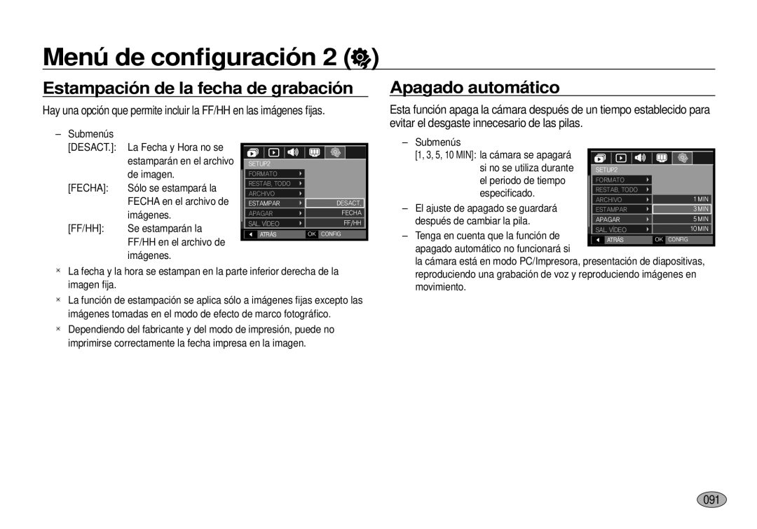 Samsung EC-I100ZRBA/E3, EC-I100ZGBA/E3, EC-I100ZSBA/E3 manual Estampación de la fecha de grabación Apagado automático, 091 