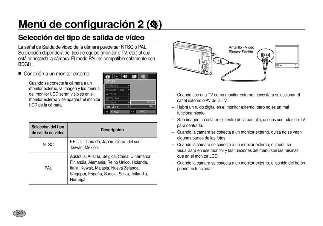 Samsung EC-I100ZBBA/E3, EC-I100ZGBA/E3 Selección del tipo de salida de vídeo, Conexión a un monitor externo, 092, Ntsc 