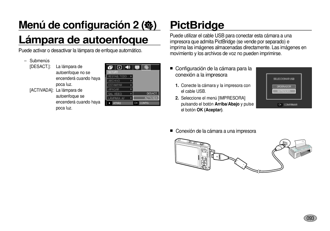 Samsung EC-I100ZSBA/E1 Menú de conﬁguración Lámpara de autoenfoque, PictBridge, Conexión de la cámara a una impresora 093 