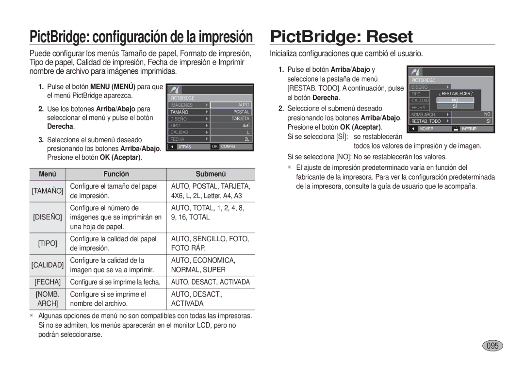 Samsung EC-I100ZSBA/E3, EC-I100ZGBA/E3 PictBridge conﬁguración de la impresión PictBridge Reset, 095, Menú Función Submenú 