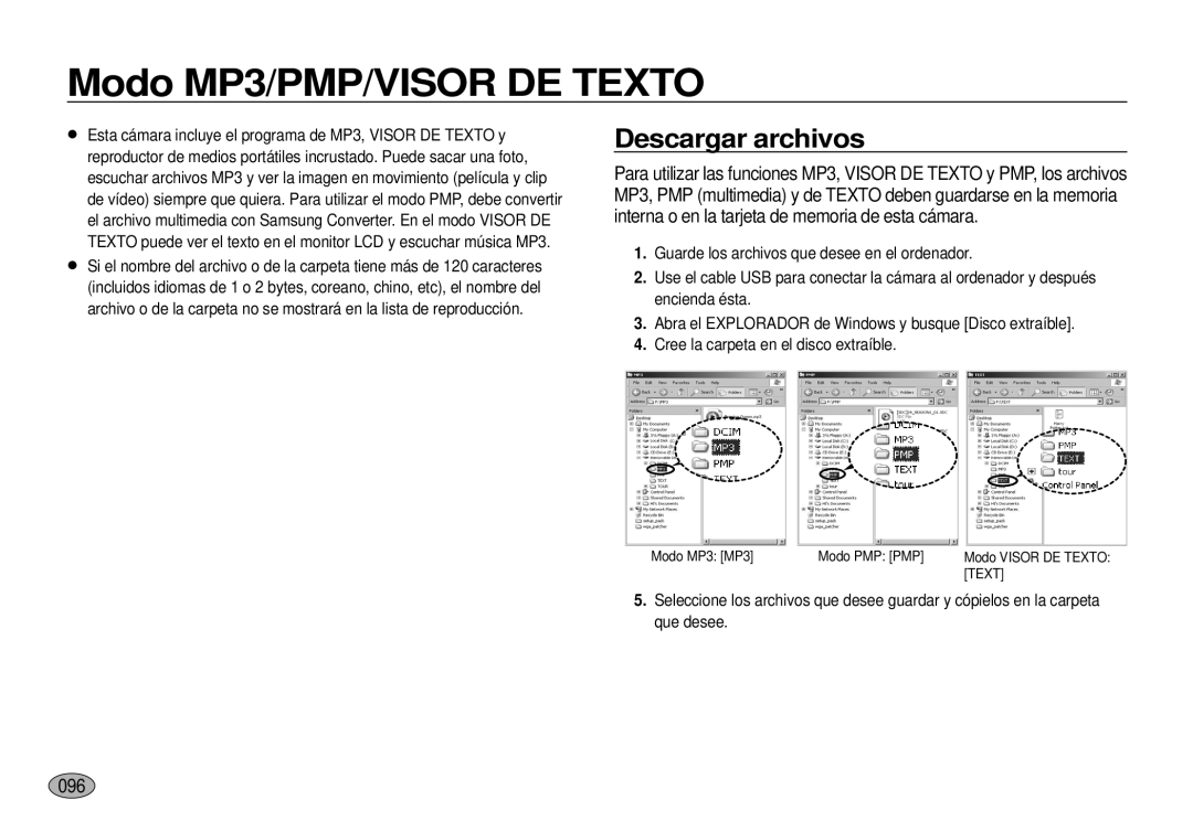 Samsung EC-I100ZRBA/E3, EC-I100ZGBA/E3, EC-I100ZSBA/E3, EC-I100ZBBA/E3 Modo MP3/PMP/VISOR DE Texto, Descargar archivos, 096 