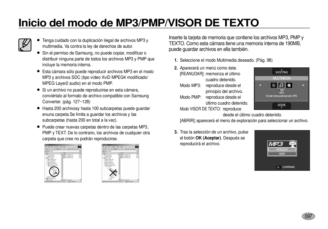 Samsung EC-I100ZBBA/E3, EC-I100ZGBA/E3 manual Inicio del modo de MP3/PMP/VISOR DE Texto, 097, Último cuadro detenido 