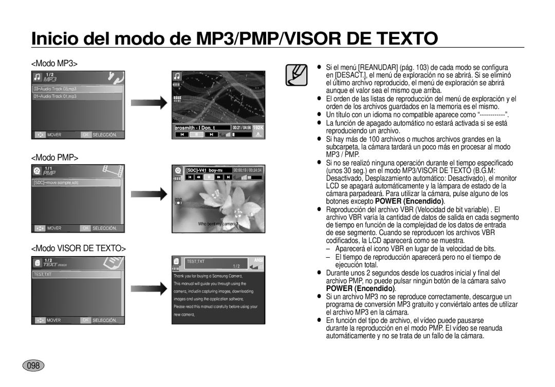 Samsung EC-I100ZSBA/E1, EC-I100ZGBA/E3, EC-I100ZSBA/E3, EC-I100ZRBA/E3, EC-I100ZBBA/E3 manual Modo Visor DE Texto, 098 