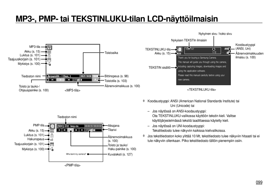Samsung EC-I100ZGBA/E3 MP3-, PMP- tai TEKSTINLUKU-tilan LCD-näyttöilmaisin, 099, Taajuuskorjain s, MP3-tila, PMP-tila 