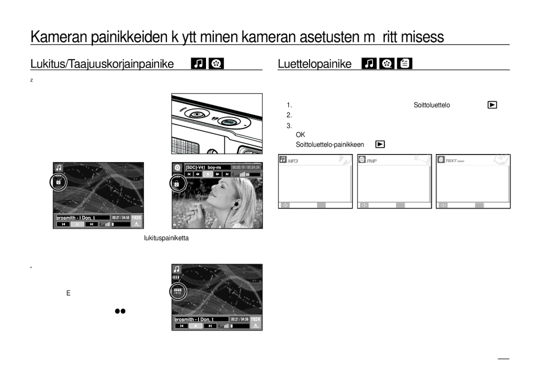 Samsung EC-I100ZRBA/E3, EC-I100ZGBA/E3 manual Lukitus/Taajuuskorjainpainike, Luettelopainike, 101, MP3-tila, PMP-tila 