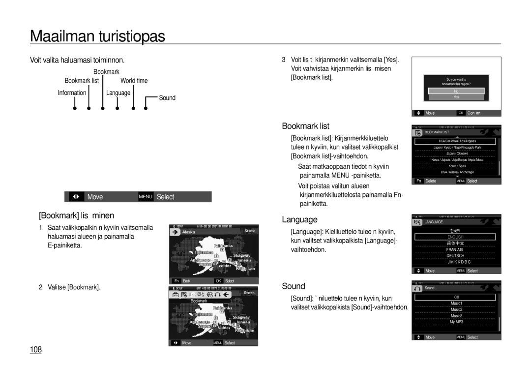 Samsung EC-I100ZSBA/E3 manual Bookmark lisääminen, Bookmark list, Language, Sound, Voit valita haluamasi toiminnon 