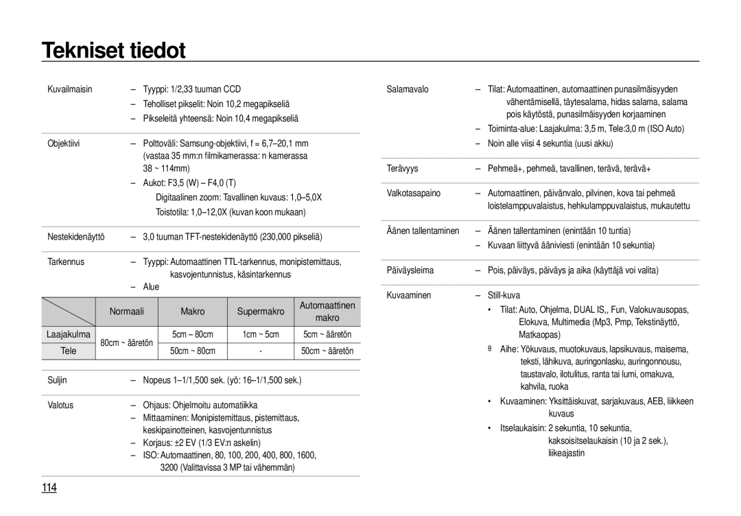 Samsung EC-I100ZBBA/E3, EC-I100ZGBA/E3, EC-I100ZSBA/E3, EC-I100ZRBA/E3 manual Tekniset tiedot, 114 