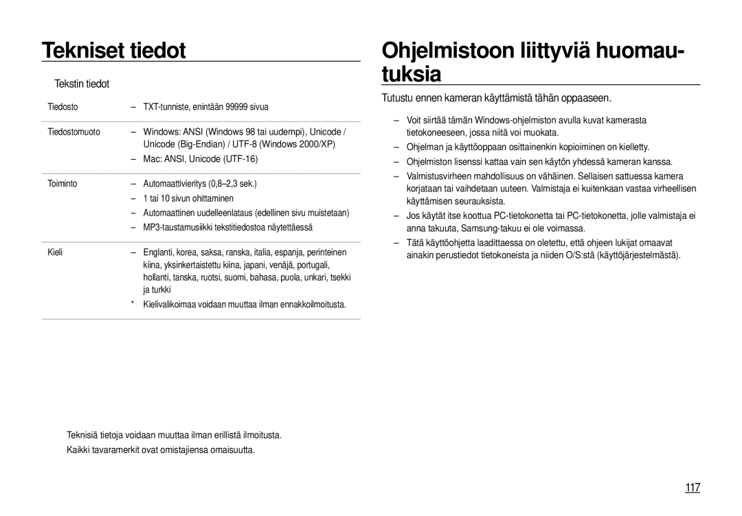 Samsung EC-I100ZRBA/E3, EC-I100ZGBA/E3, EC-I100ZSBA/E3 manual Ohjelmistoon liittyviä huomau- tuksia, 117, Tekstin tiedot 