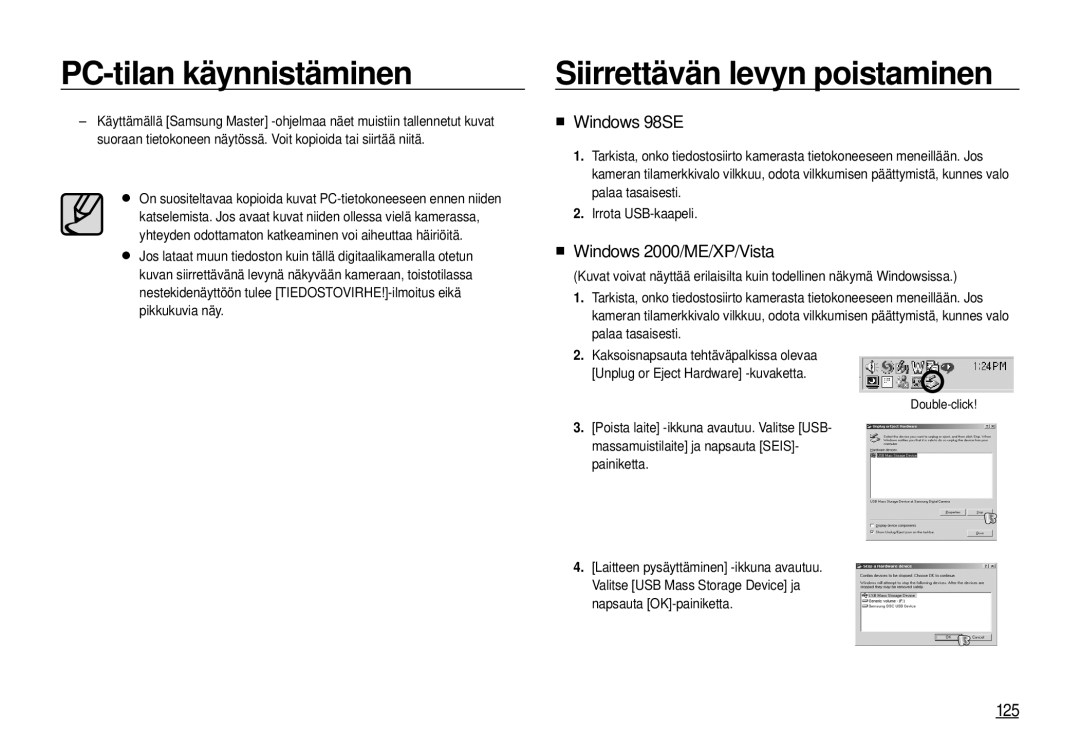 Samsung EC-I100ZRBA/E3, EC-I100ZGBA/E3 manual Siirrettävän levyn poistaminen, Windows 98SE, Windows 2000/ME/XP/Vista, 125 