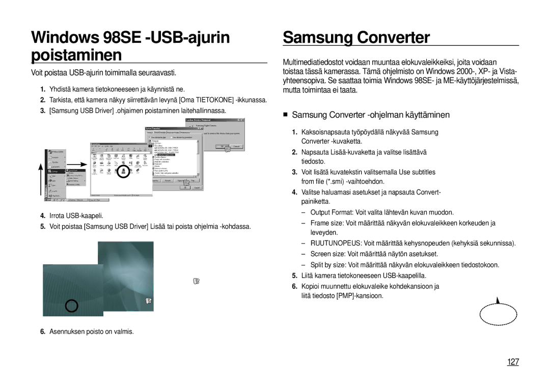 Samsung EC-I100ZGBA/E3 manual Windows 98SE -USB-ajurin poistaminen, Samsung Converter -ohjelman käyttäminen, 127 