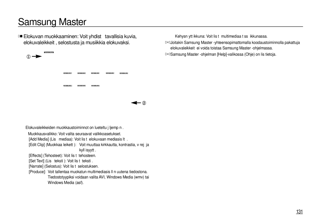 Samsung EC-I100ZGBA/E3, EC-I100ZSBA/E3, EC-I100ZRBA/E3 manual 131, Add Media Lisää mediaa Voit lisätä elokuvaan mediasisältöä 