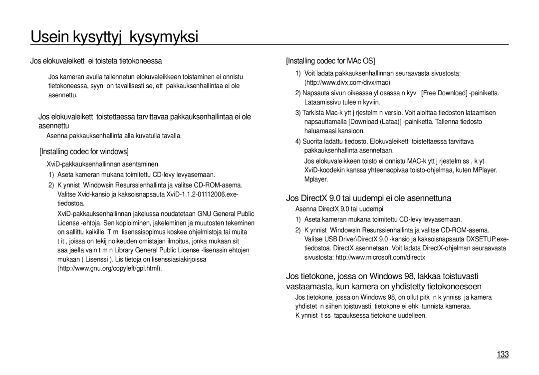 Samsung EC-I100ZRBA/E3 Jos DirectX 9.0 tai uudempi ei ole asennettuna, 133, Jos elokuvaleikettä ei toisteta tietokoneessa 