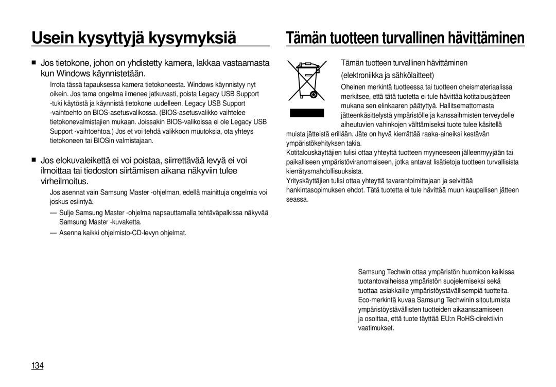 Samsung EC-I100ZBBA/E3, EC-I100ZGBA/E3, EC-I100ZSBA/E3, EC-I100ZRBA/E3 manual Tämän tuotteen turvallinen hävittäminen, 134 