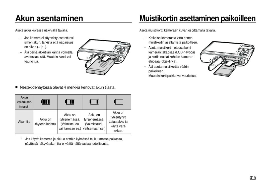 Samsung EC-I100ZGBA/E3, EC-I100ZSBA/E3 Akun asentaminen, 015, Nestekidenäytössä olevat 4 merkkiä kertovat akun tilasta 