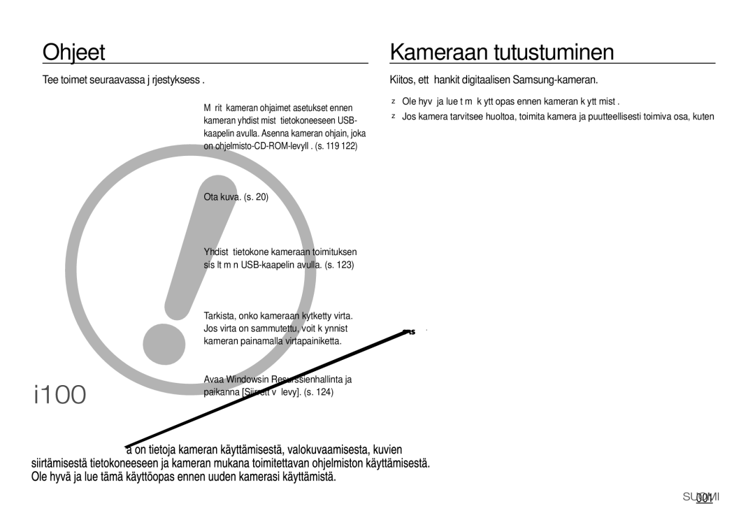 Samsung EC-I100ZRBA/E3, EC-I100ZGBA/E3 manual Ohjeet, Kameraan tutustuminen, 001, Tee toimet seuraavassa järjestyksessä 