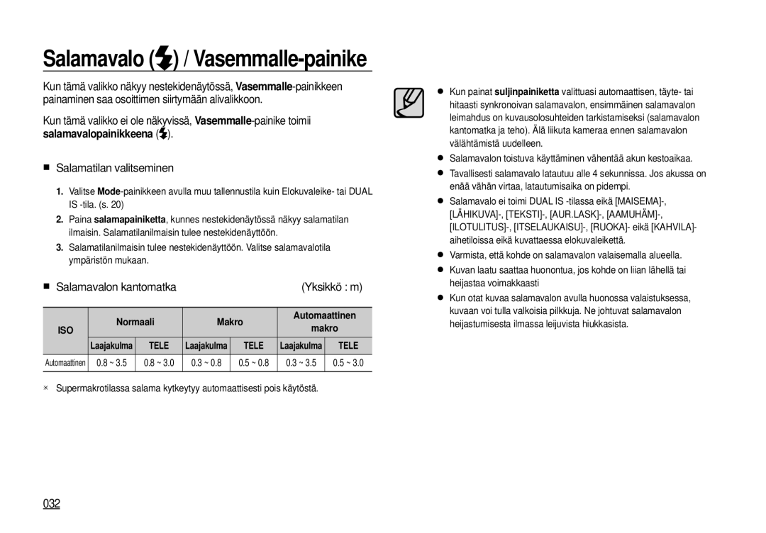 Samsung EC-I100ZSBA/E3 manual Salamavalo / Vasemmalle-painike, 032, Salamatilan valitseminen, Yksikkö m, Normaali Makro 