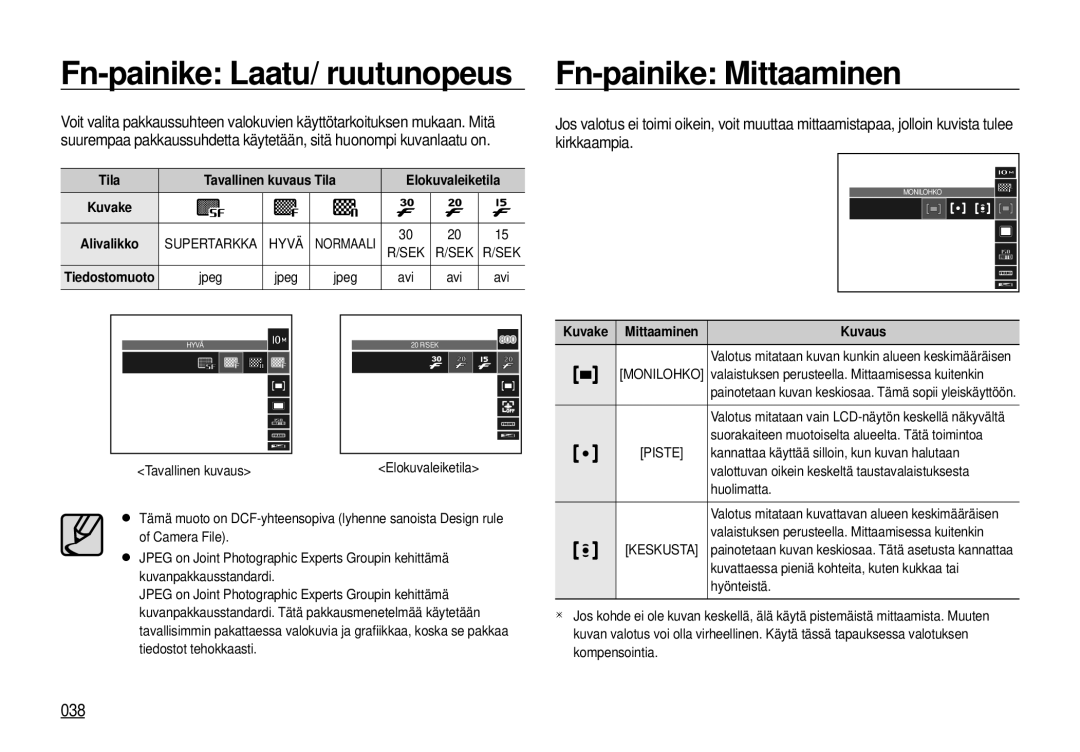 Samsung EC-I100ZBBA/E3, EC-I100ZGBA/E3, EC-I100ZSBA/E3 manual Fn-painike Laatu/ ruutunopeus, Fn-painike Mittaaminen, 038 