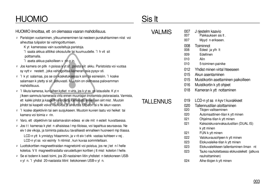 Samsung EC-I100ZGBA/E3 manual Sisältö, 003, Huomio ilmoittaa, että on olemassa vaaran mahdollisuus, Järjestelmäkaavio 