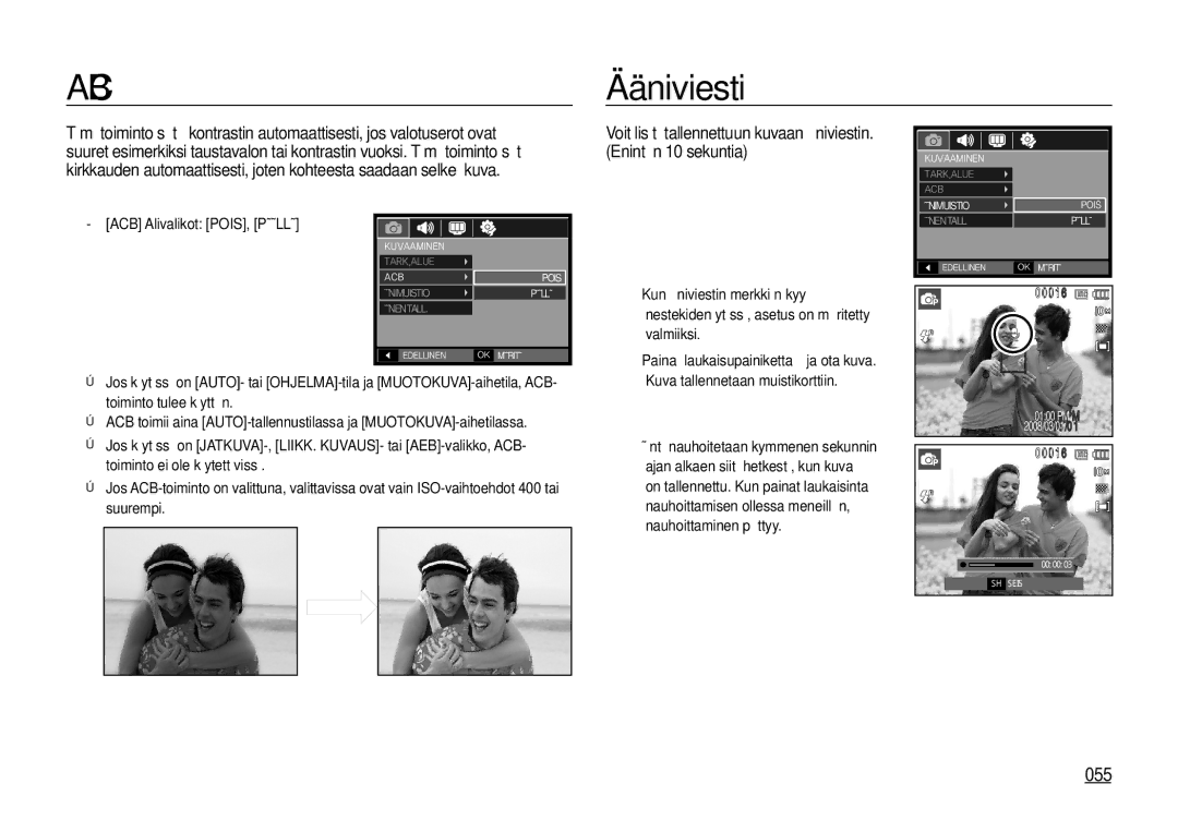 Samsung EC-I100ZGBA/E3, EC-I100ZSBA/E3, EC-I100ZRBA/E3, EC-I100ZBBA/E3 manual Ääniviesti, 055, ACB Alivalikot POIS, Päällä 