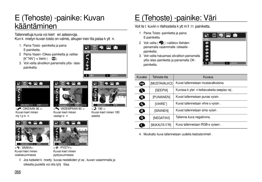 Samsung EC-I100ZBBA/E3 Tehoste -painike Kuvan kääntäminen, Tehoste -painike Väri, 066, Kuvat tallennetaan mustavalkoisina 