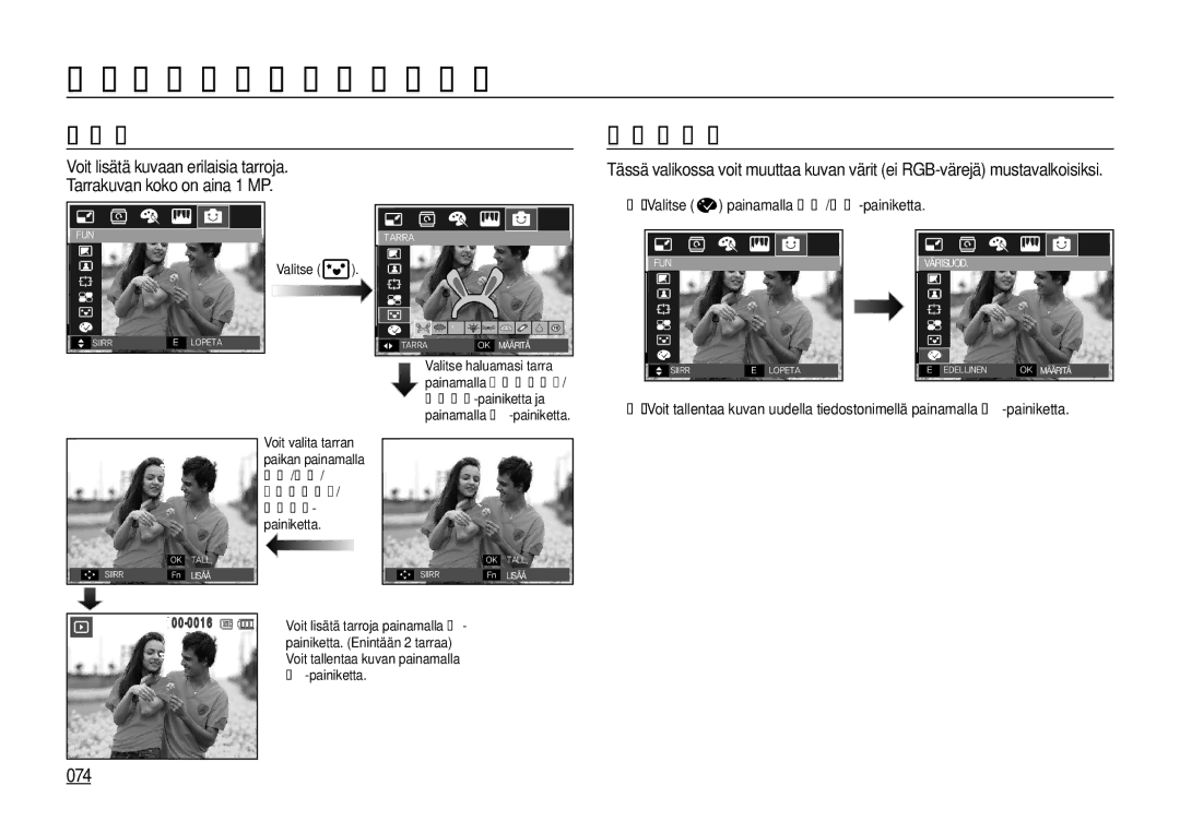 Samsung EC-I100ZBBA/E3, EC-I100ZGBA/E3, EC-I100ZSBA/E3 manual Tarra, Värisuodin, 074, Valitse painamalla Ylös/Alas-painiketta 