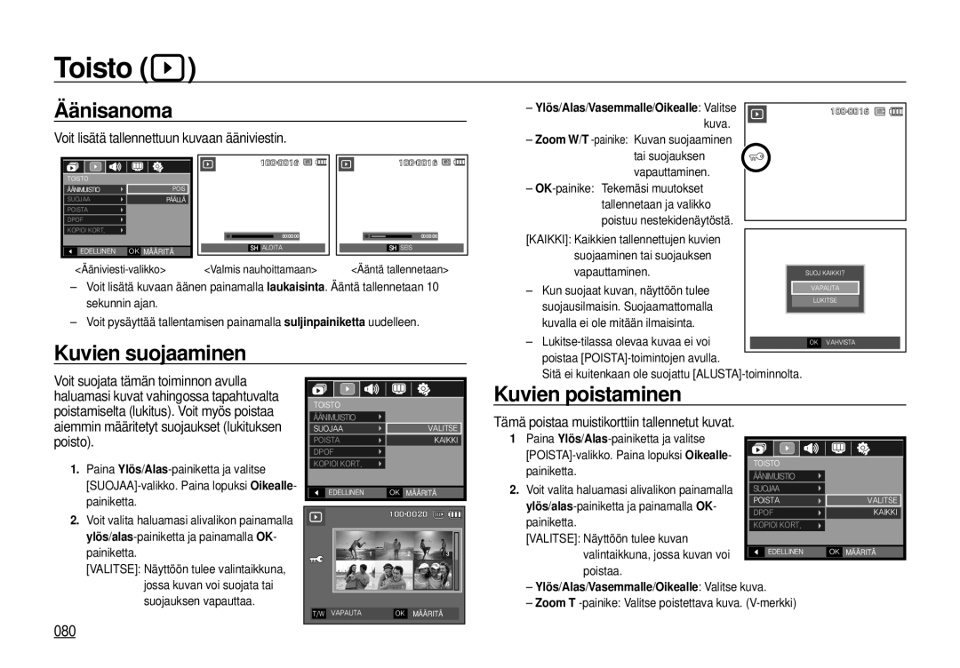 Samsung EC-I100ZSBA/E3, EC-I100ZGBA/E3, EC-I100ZRBA/E3 manual Toisto, Äänisanoma, Kuvien suojaaminen, Kuvien poistaminen, 080 