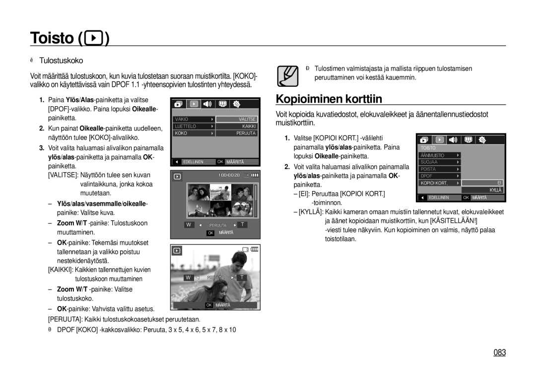 Samsung EC-I100ZGBA/E3, EC-I100ZSBA/E3 manual Kopioiminen korttiin, 083, Tulostuskoko, Ylös/alas/vasemmalle/oikealle 