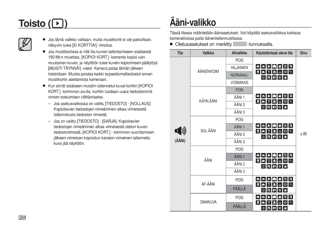 Samsung EC-I100ZSBA/E3, EC-I100ZGBA/E3, EC-I100ZRBA/E3, EC-I100ZBBA/E3 manual Ääni-valikko, 084 