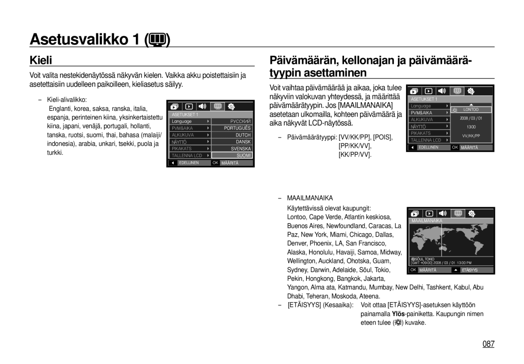 Samsung EC-I100ZGBA/E3 manual Asetusvalikko, Kieli, Päivämäärän, kellonajan ja päivämäärä- tyypin asettaminen, 087 