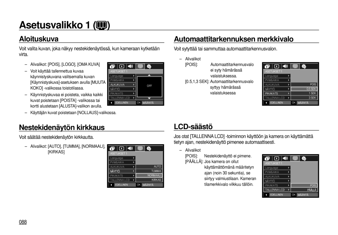 Samsung EC-I100ZSBA/E3 manual Aloituskuva Automaattitarkennuksen merkkivalo, Nestekidenäytön kirkkaus, LCD-säästö, 088 