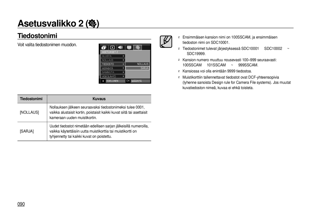 Samsung EC-I100ZBBA/E3, EC-I100ZGBA/E3, EC-I100ZSBA/E3 manual 090, Voit valita tiedostonimen muodon, Tiedostonimi Kuvaus 