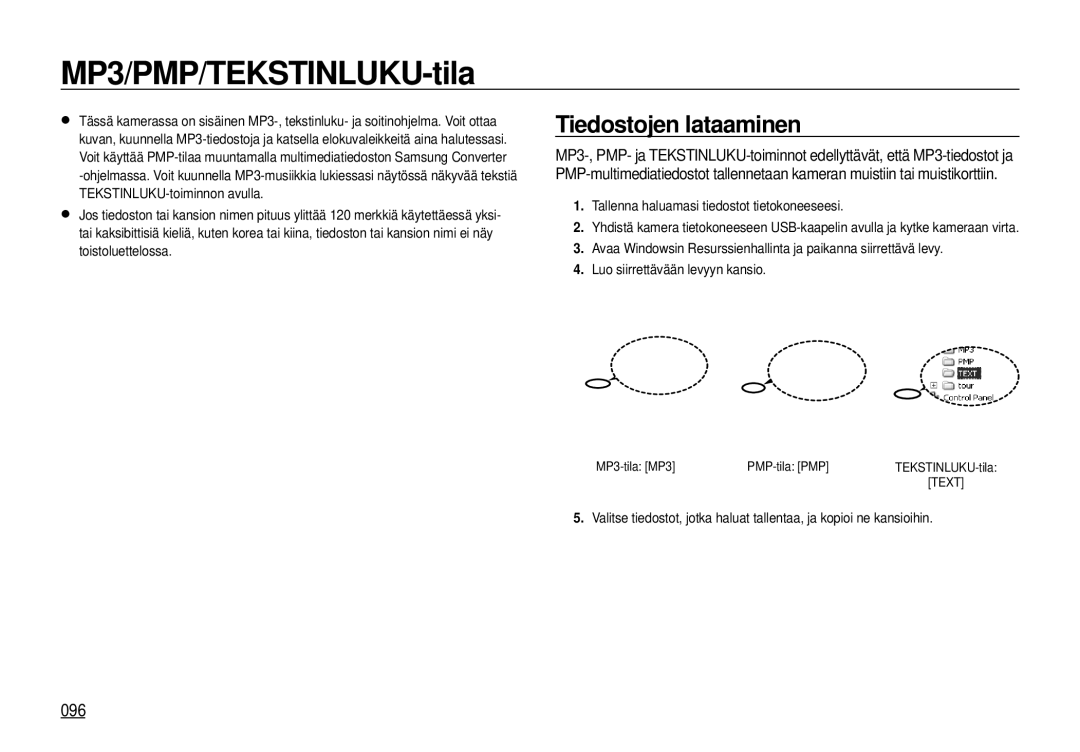 Samsung EC-I100ZSBA/E3 MP3/PMP/TEKSTINLUKU-tila, Tiedostojen lataaminen, 096, Tallenna haluamasi tiedostot tietokoneeseesi 