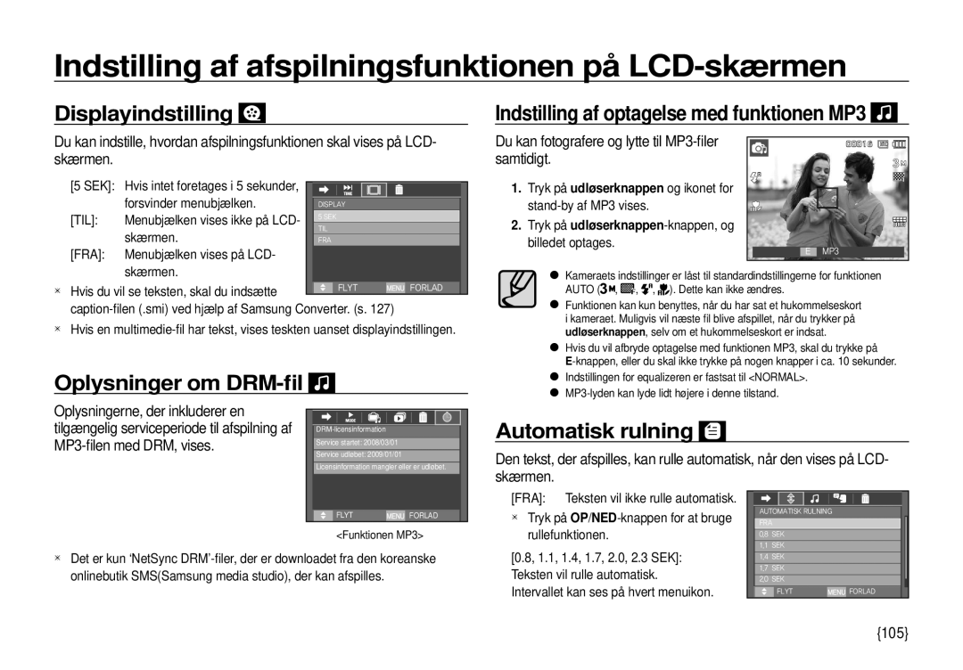 Samsung EC-I100ZRBA/E3, EC-I100ZGBA/E3, EC-I100ZSBA/E3 Displayindstilling, Oplysninger om DRM-ﬁl, Automatisk rulning, 105 