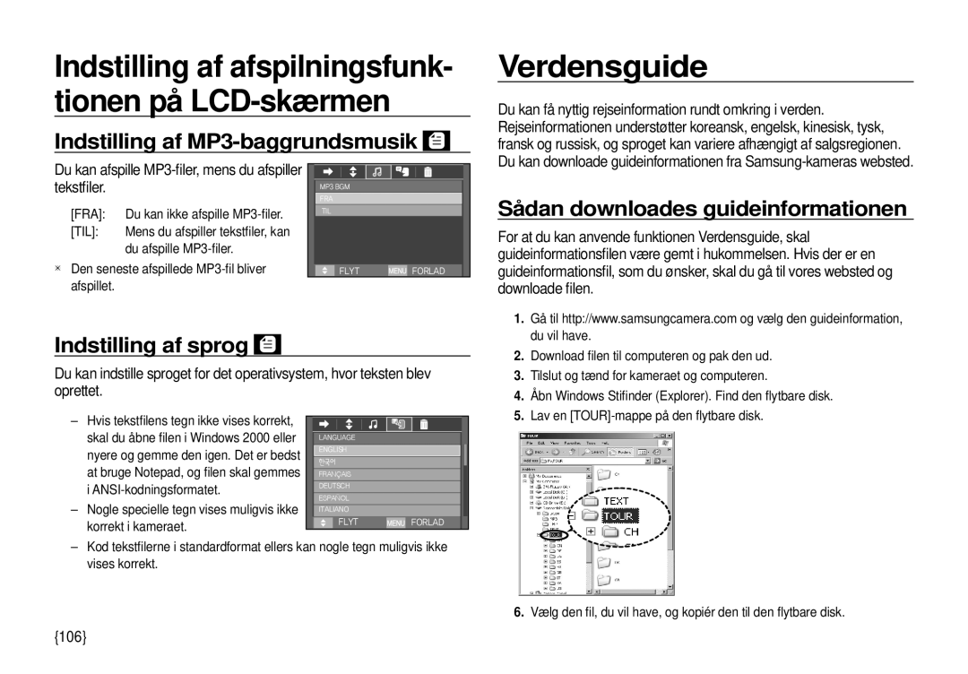 Samsung EC-I100ZBBA/E3 manual Verdensguide, Indstilling af MP3-baggrundsmusik, Sådan downloades guideinformationen 