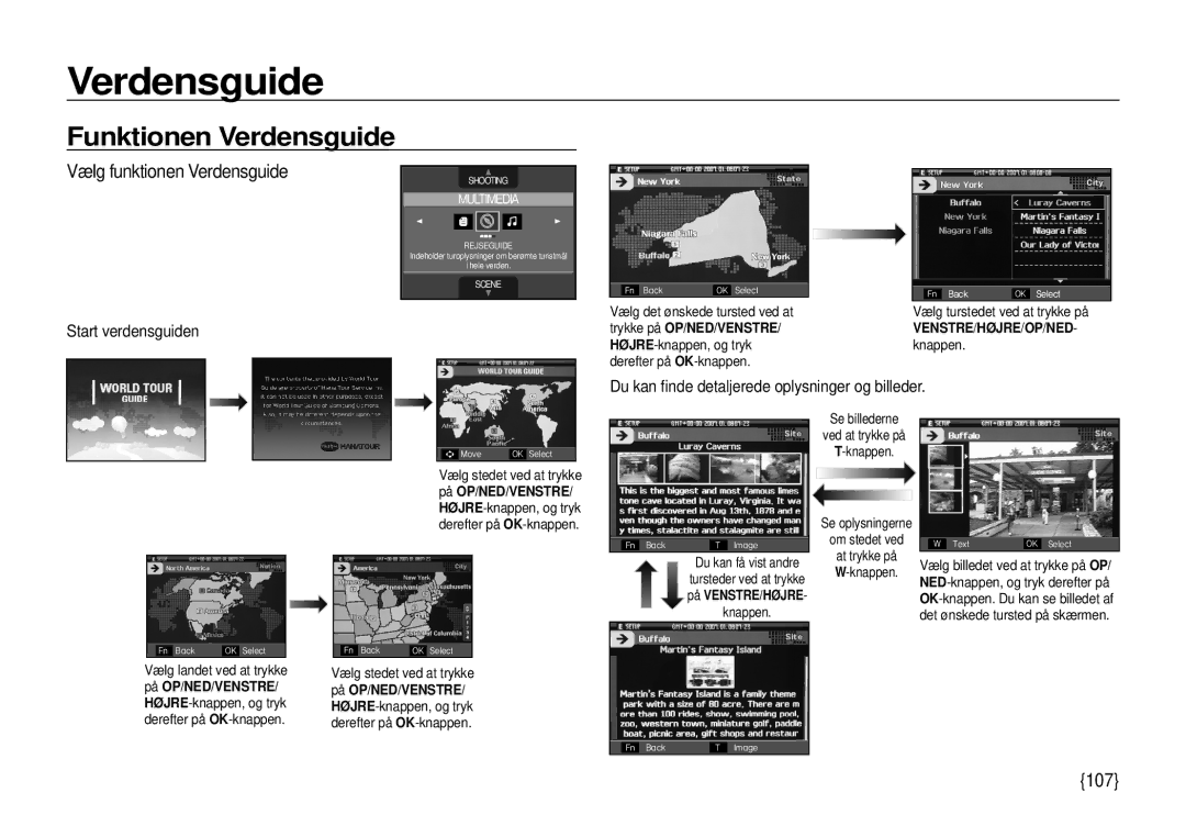 Samsung EC-I100ZGBA/E3, EC-I100ZSBA/E3 manual 107, Start verdensguiden, Du kan ﬁnde detaljerede oplysninger og billeder 