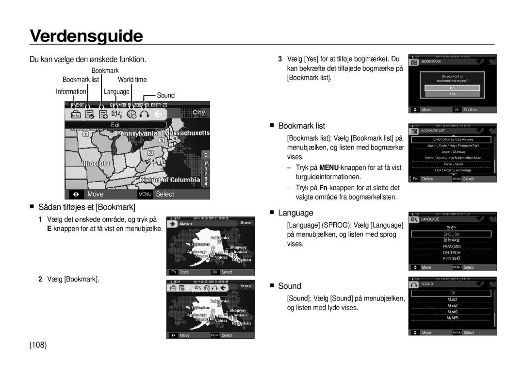 Samsung EC-I100ZSBA/E3 manual Du kan vælge den ønskede funktion, „ Sådan tilføjes et Bookmark „ Bookmark list, „ Sound, 108 