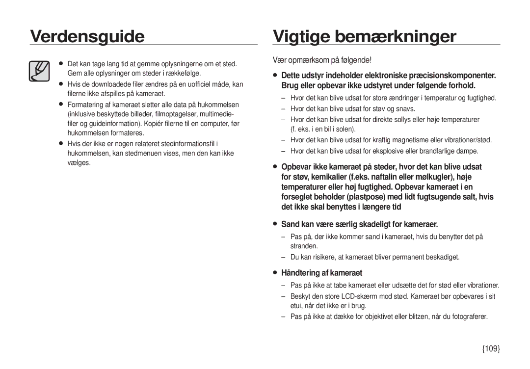 Samsung EC-I100ZRBA/E3, EC-I100ZGBA/E3, EC-I100ZSBA/E3, EC-I100ZBBA/E3 Vigtige bemærkninger, Vær opmærksom på følgende, 109 