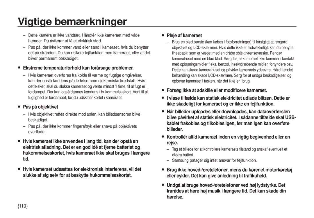 Samsung EC-I100ZBBA/E3, EC-I100ZGBA/E3, EC-I100ZSBA/E3 manual 110, Ekstreme temperaturforhold kan forårsage problemer 