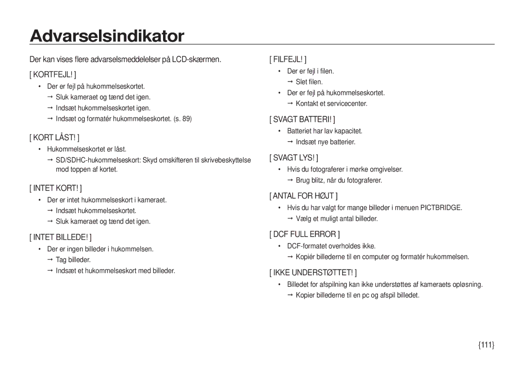 Samsung EC-I100ZGBA/E3, EC-I100ZSBA/E3, EC-I100ZRBA/E3, EC-I100ZBBA/E3 manual Kort Låst, 111 