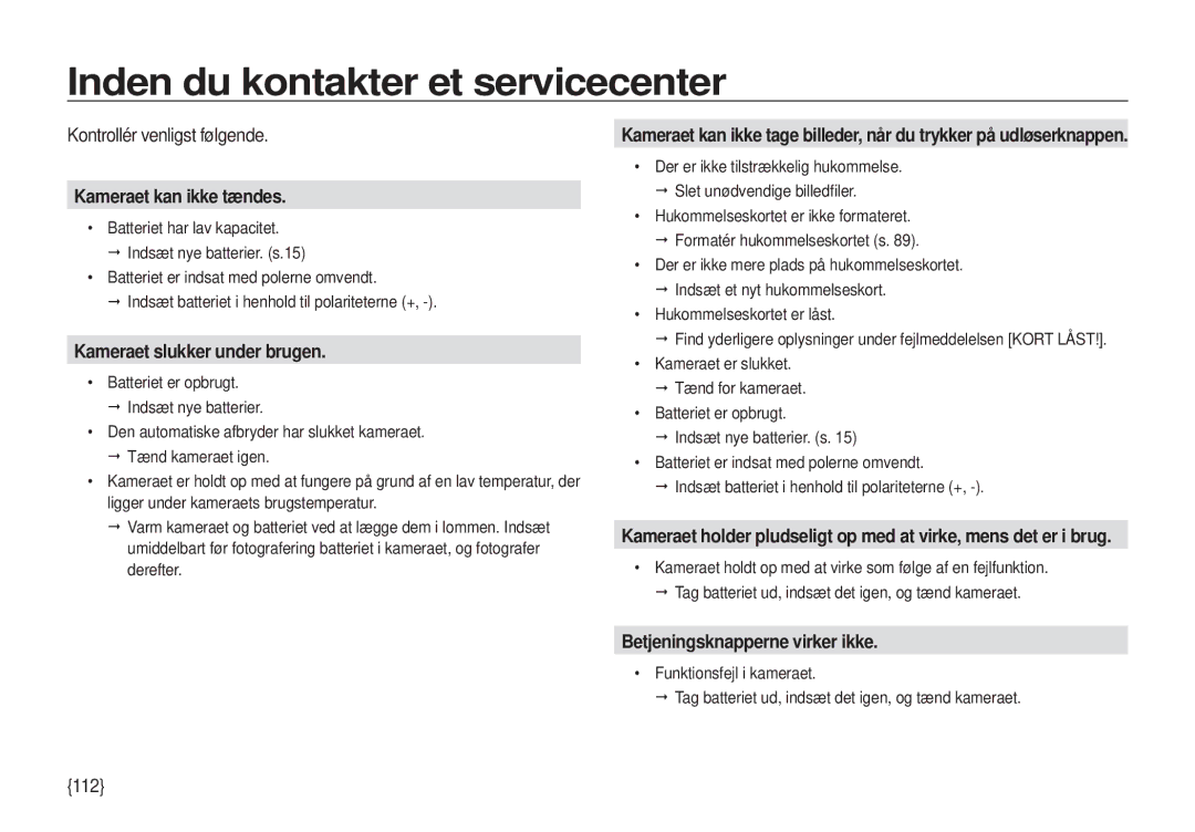 Samsung EC-I100ZSBA/E3, EC-I100ZGBA/E3 manual Inden du kontakter et servicecenter, Kontrollér venligst følgende, 112 