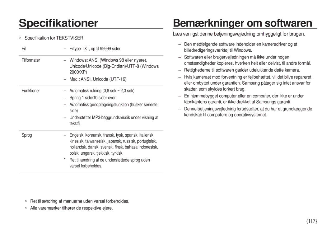 Samsung EC-I100ZRBA/E3, EC-I100ZGBA/E3, EC-I100ZSBA/E3, EC-I100ZBBA/E3 manual Bemærkninger om softwaren, 117 