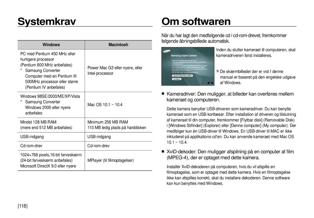 Samsung EC-I100ZBBA/E3, EC-I100ZGBA/E3, EC-I100ZSBA/E3, EC-I100ZRBA/E3 manual Systemkrav, Om softwaren, 118, Windows Macintosh 