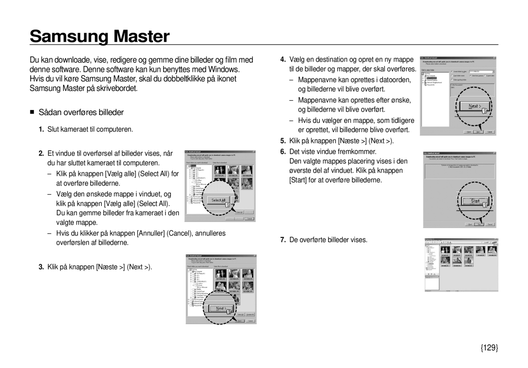 Samsung EC-I100ZRBA/E3, EC-I100ZGBA/E3 manual Samsung Master, 129, Slut kameraet til computeren, De overførte billeder vises 