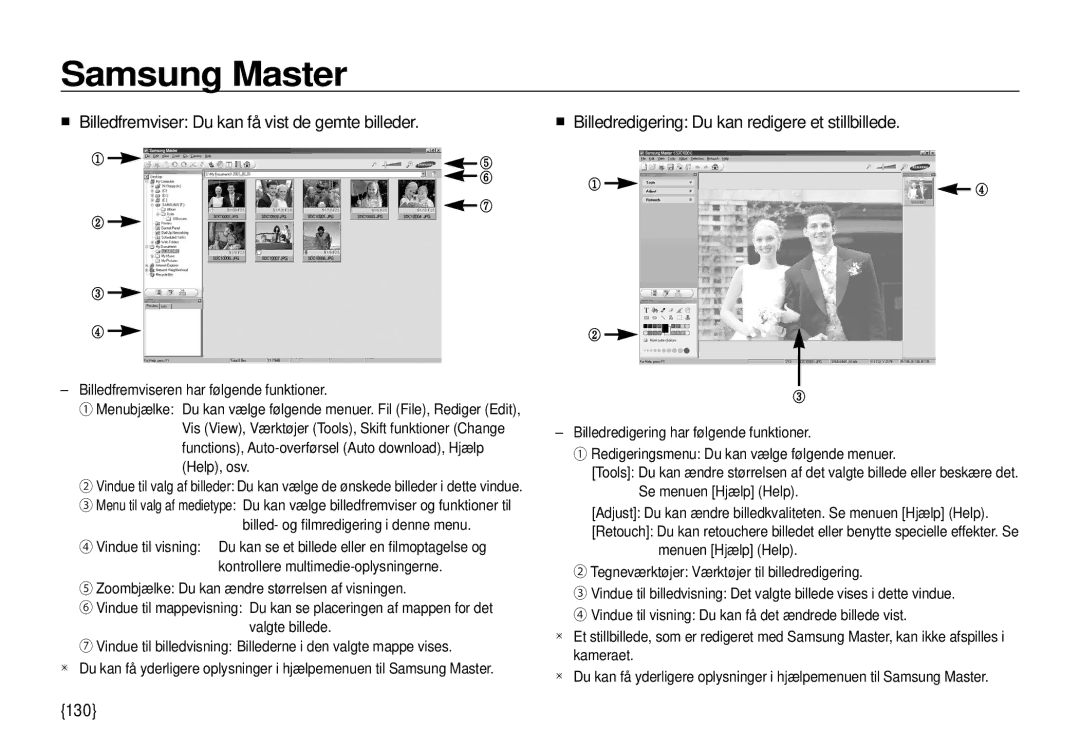 Samsung EC-I100ZBBA/E3 „ Billedfremviser Du kan få vist de gemte billeder, 130, Billed- og ﬁlmredigering i denne menu 