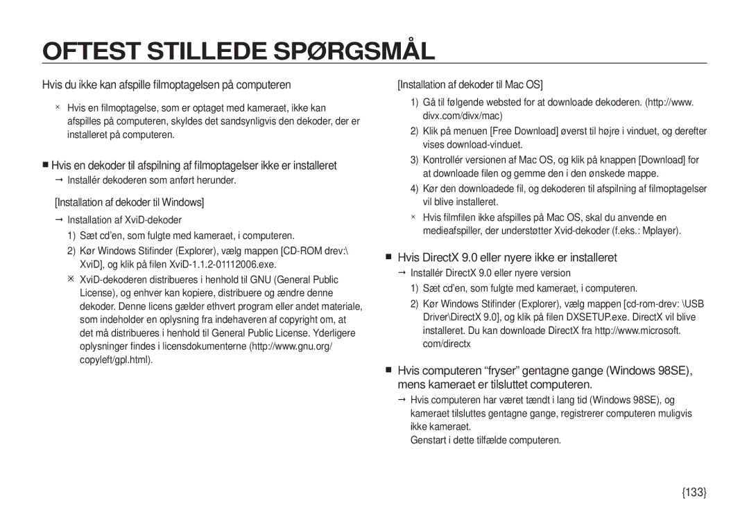 Samsung EC-I100ZRBA/E3, EC-I100ZGBA/E3, EC-I100ZSBA/E3 manual Hvis du ikke kan afspille ﬁlmoptagelsen på computeren, 133 