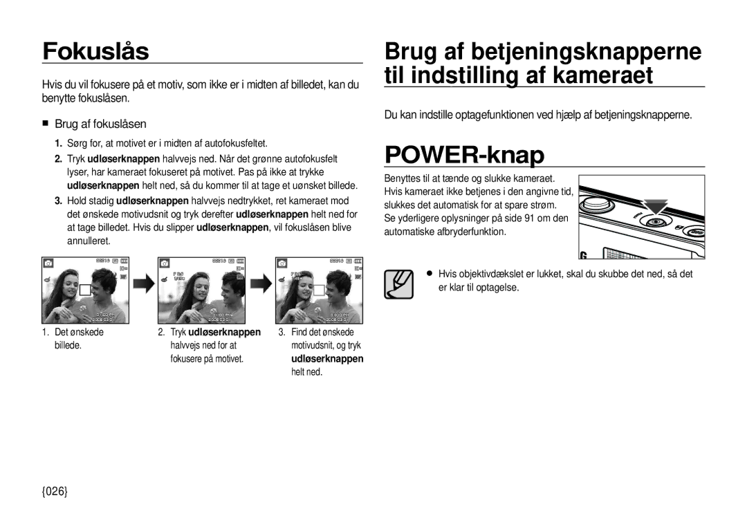 Samsung EC-I100ZBBA/E3, EC-I100ZGBA/E3 manual Fokuslås, POWER-knap, 026, Sørg for, at motivet er i midten af autofokusfeltet 